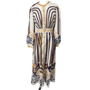 Georgette Deco Puff Sleeve Maxi Dress Womens S Blue Gold Stripe Floral NWT